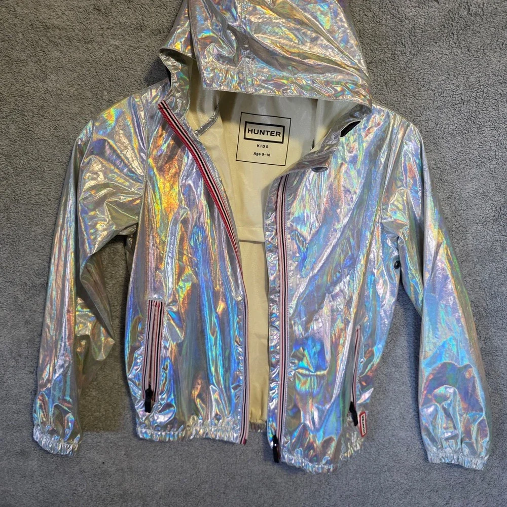 Hunter Kids Silver Holographic Iridescent Rain Jacket Windbreaker Age 9-10